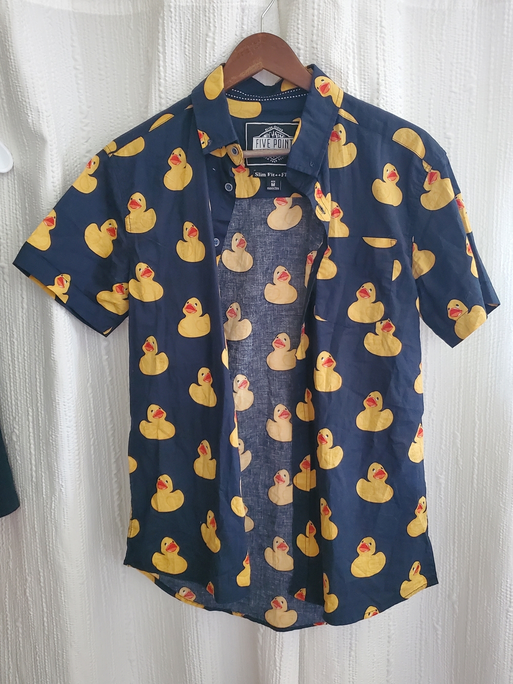 Navy Short-Sleeve Button-Down Shirt with Yellow Duck Print